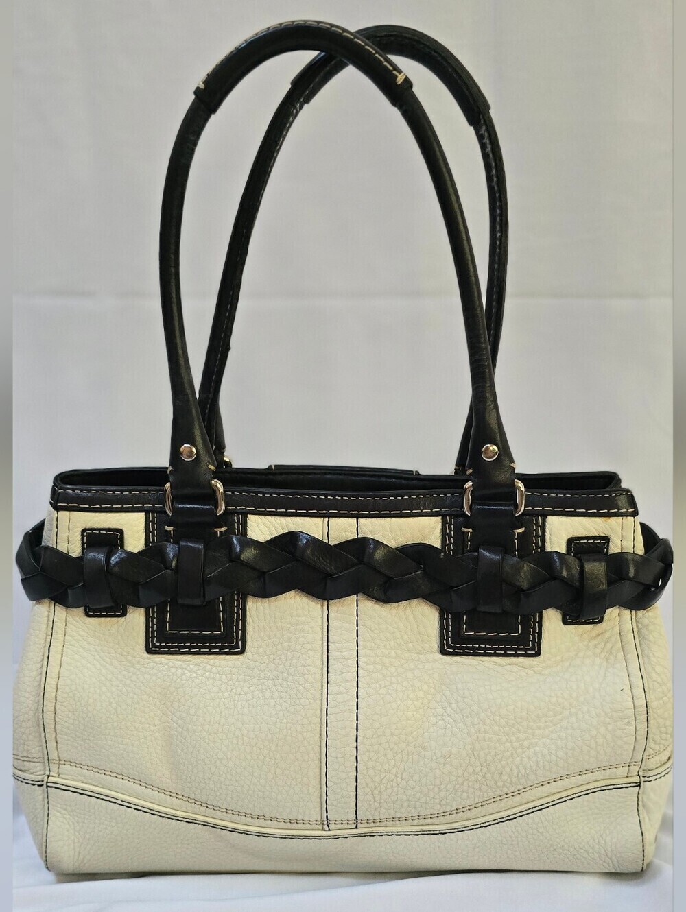 Coach Hamptons F13031 Ivory Black Pebbled Leather Braided Satchel Y2K - Picture 7 of 13